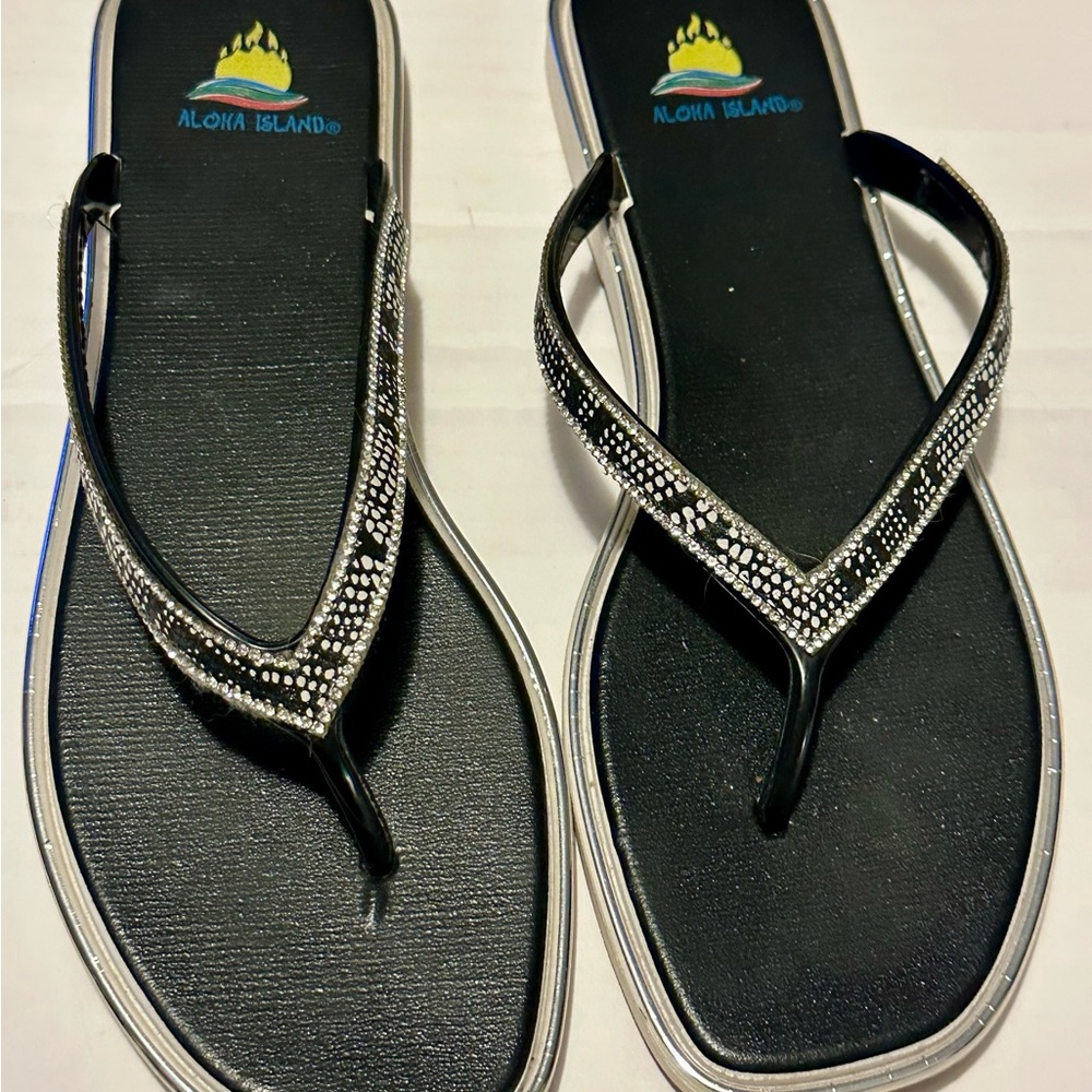 Aloha Island Black and Silver Embellished Sandals, size 10